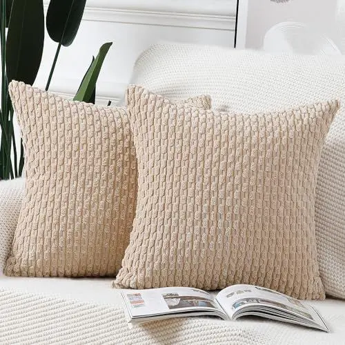 Produktbild: Madizz 2er Set Boho Gestreifte Kissenbezüge Weicher Kord Dekorativer Kissenbezug für Schlafzimmer Sofa Kissenhülle Beige 35 x 35 cm