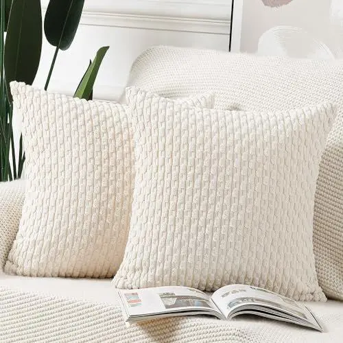 Produktbild: Madizz 2er Set Boho Gestreifte Kissenbezüge Weicher Kord Dekorativer Kissenbezug für Schlafzimmer Sofa Kissenhülle Creme Weiß 35 x 35 cm