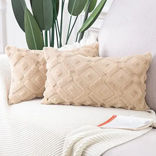 Produktbild: Madizz 2er Set Sanft Plüsch Kurze Wolle Samt Dekorativ Zierkissenbezüge Luxus Stil Kissenbezug für Sofa für Schlafzimmer Khaki 30x50 cm Rechteckigig