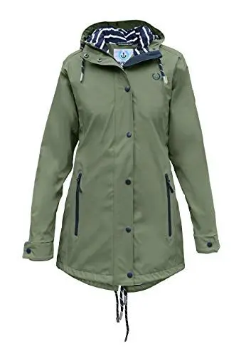 Produktbild: MADSea Damen Regenmantel Friesennerz 620 | halblanger wasserdichter Regenparka | winddicht mit maritimen, weiß/blauen Innenfutter, Oliv, Größe:46