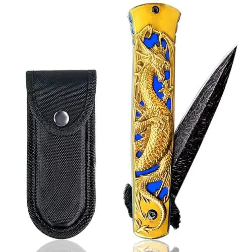 Produktbild: MADSMAUG Single Edged Klappmesser, cool Taschenmesser mit 3D Drache Titanplattiert Prägen Reliefgravur, gute Geschenk Edc Messer für Männer Outdoor Überleben Camping(goldfarben)