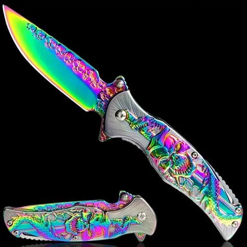 Produktbild: MADSMAUG Taschenmesser, cool Klappmesser mit 3D Titanplattiert Prägen Reliefgravur, gute Weihnachten Geschenk Edc Messer für Männer Outdoor Überleben Camping (Bunt)
