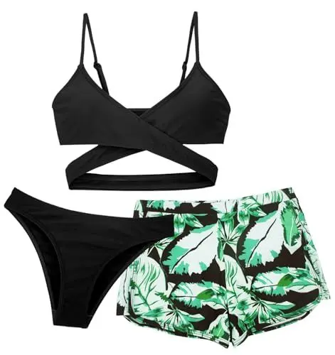 Produktbild: Maeau Badeanzug Dreiteilig Mädchen 14 Jahre Bademode Bikini Kinder Mädchen 160 Zweiteiliger Badeanzug Bedruckt Blumen Floral Badebekleidung 3 2 teiler Badeanzug Hawaii Strand mit Shorts Schwimmen Grün