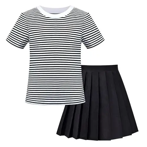 Produktbild: Mädchen 2 Stück Setzen Schwarz Gestreift T-Shirt Gefaltet Rock Schuluniform Gr. 140-146,Schwarz Streifen,140-146