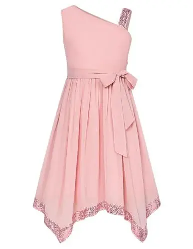 Produktbild: Mädchen Ärmellos Eine-Schulter A Linien Kleid Sommer Freizeit Pailletten Kleid Rosa 7 Jahre