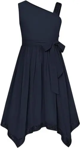 Produktbild: Mädchen Ärmellos Eine-Schulter A Linien Kleid Sommer Freizeit Pailletten Kleid Schwarz 7 Jahre