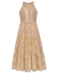 Produktbild: Mädchen Ärmellose Neckholder Kleid Hochzeit Partykleid Pailletten Kleid in A-Linie Gold 6 Jahre