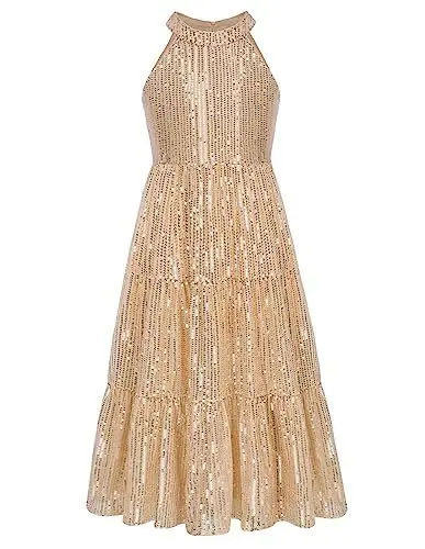 Produktbild: GRACE KARIN Mädchen Neckholder Funkeln Pailletten Kleid Ärmellose Hochzeit Brautjungfernkleider Gold 8 Jahre
