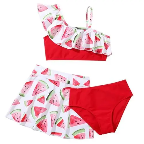 Produktbild: Mädchen Badeanzug Bikini-Sets Teenager für Schwimmen Strand Surfen Bademode Tankini Sommer 3-teiliges Badebekleidungsset (Z-y5-Wassermelone, 11-12 Years)