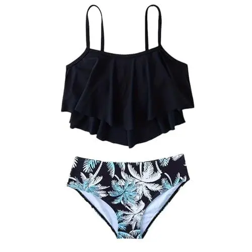 Produktbild: Mädchen Bikini Set 2 Stück Kinder Teenager Badeanzüge Sommer Schwimmanzug Spaghettiträgern Bikinioberteil Triangel Bikinishorts mit Blatt Drucken Sportlich Strandbikinis 7-14 Jahre