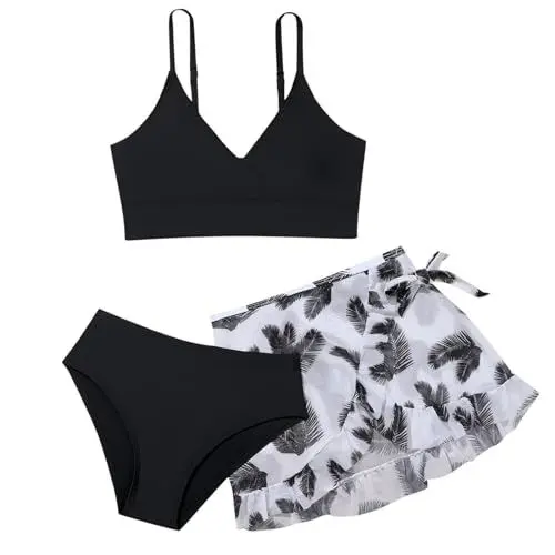 Produktbild: Mädchen Bikini Set,3-teilige Badeanzüge für Mädchen,Bikini Top+Shorts +Slips Badeanzug,Kinder Badebekleidung mit Blumenmuster Schwimmanzug,für 8-14 Jahre (#1-Schwarz, 11-12 Jahre)