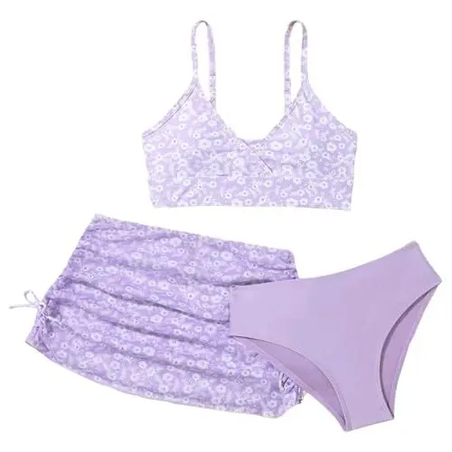 Produktbild: Mädchen Bikini Set Badeanzug 3-teilige Bikini Top+Rock +Slips Badeanzüge Kinder Badebekleidung mit Blumendruck Strand Schwimmanzug für 7-13 Jahre