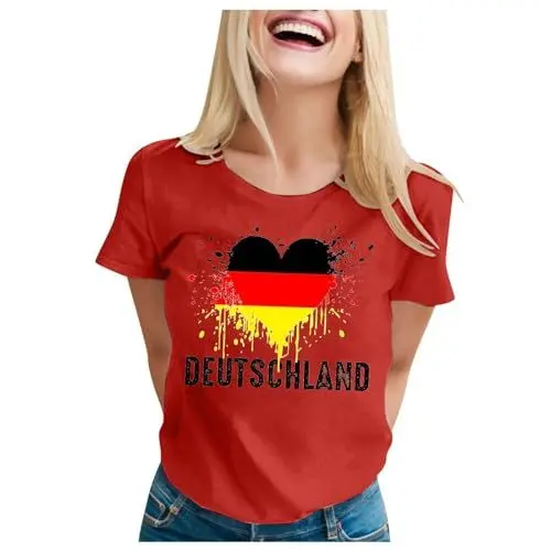 Produktbild: Mädchen Damen T-Shirt Tops Für Damen Damen Sommer Rundhalsausschnitt Deutschlandflagge Bedruckt Lockeres Freizeitoberteil Große Damenblusen Tops (Rot L)