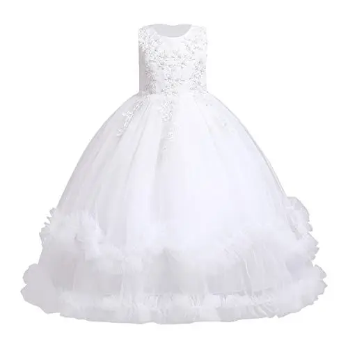 Produktbild: Mädchen Elegant Spitze Tüll Hochzeit Brautjungfern Kleid Prinzessin Festzug Erstkommunion Cocktailkleid Abendkleid Mädchen Birthday Party Kleider Kinder Langes Evening Ballkleider Weiß 13-14 Jahre