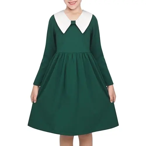 Produktbild: Mädchen Grün Solide Baumwolle Langarm Kleid für Schule und Weihnachten Gr. 122, Grün