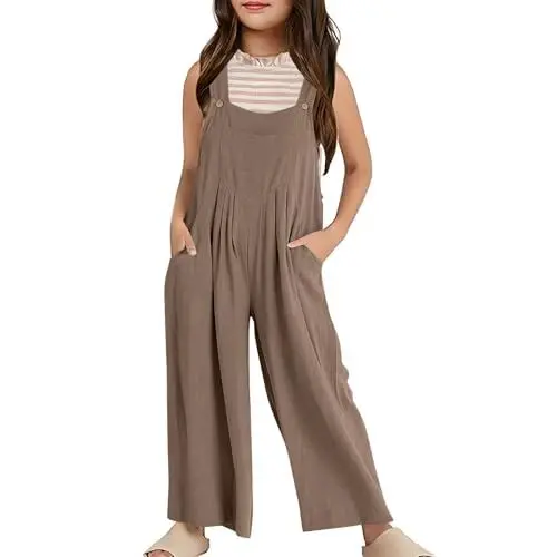 Produktbild: Mädchen Jumpsuit Festlich Ärmelloses Overall 𝗟ang Weites Bein Sommer Hose Latzhosen Einfarbig Spaghettiträger Freizeit Casual Loose Jumpsuits Kinder 𝐌ode Taschen (Coffee, 9-10 Years)