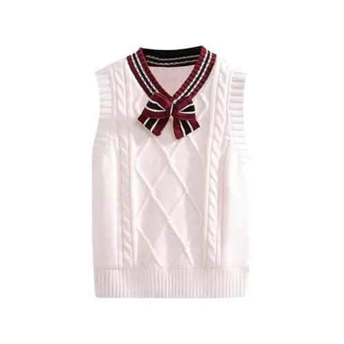 Produktbild: Mädchen Jungen Schuluniform Pullover Weste mit Schleife V-Ausschnitt weich bequem Überzieher Jugend Trendige Karo gestrickte Taille Weste Kinder Herbst Winter warm Kabel (White, 5-6 Years)