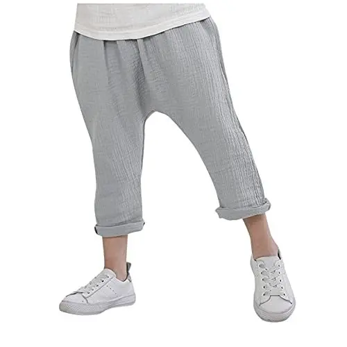 Produktbild: BOTCAM Mädchen Kind Schlafanzüge Baby Falten Leinen Junge Kinder Hose Kleinkind Feste Haremfarbe Hosen Jungs Kinder Hosen (Grey, 6-12 Months)