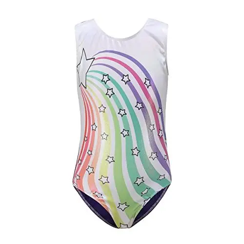Produktbild: Mädchen Kinder Gymnastikanzug Turnbody Ärmellos Turnanzug Gymnastik Trikot Glänzende Turnanzug Ballettbody Ballett Tanzbekleidung Tanzbody Sporttrikot Tanztrikot Trikotanzug Bunt + Stern 7-8 Jahre
