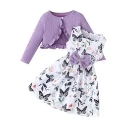 Produktbild: Mädchen Kleid 2-teiliges Ärmellos Blumenmkleid mit Langarm Strickjacke Kinder Baumwolle Kleidanzug Bowknot A-Linie Kleider Elegant Sommerkleid Teenager Swing Lässig Mädchenkleid (Light Blue, F)
