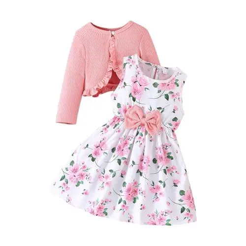 Produktbild: Mädchen Kleid 2-teiliges Ärmellos Blumenmkleid mit Langarm Strickjacke Kinder Baumwolle Kleidanzug Bowknot A-Linie Kleider Elegant Sommerkleid Teenager Swing Lässig Mädchenkleid (Pink, A)