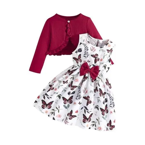 Produktbild: Mädchen Kleid 2-teiliges Ärmellos Blumenmkleid mit Langarm Strickjacke Kinder Baumwolle Kleidanzug Bowknot A-Linie Kleider Elegant Sommerkleid Teenager Swing Lässig Mädchenkleid (Wine, B)