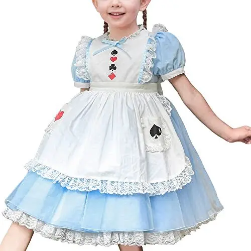 Produktbild: Mädchen Kleid Blau Aufgedunsen Rock Dienstmädchen Spitze Kragen Poker Schürze Alice Jahrgang Gr. 116