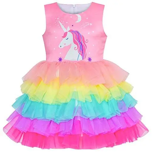 Produktbild: Mädchen Kleid Rosa Einhorn Rüsche Regenbogen Kuchen Rock Gr. 92