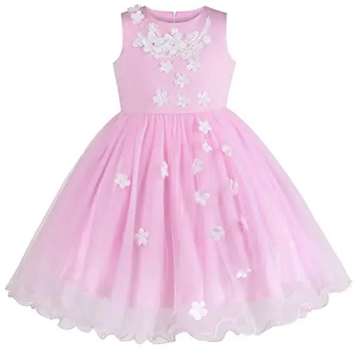 Produktbild: Mädchen Kleid Rosa Hochzeit Party Tüll Rock Applikationen Blume Ärmellos Gr. 116