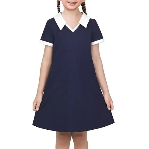 Produktbild: Mädchen Kleid T-Shirt Basic Jahrgang Lose Gerade Beiläufig Schule Gr. 104,Navy blau,104