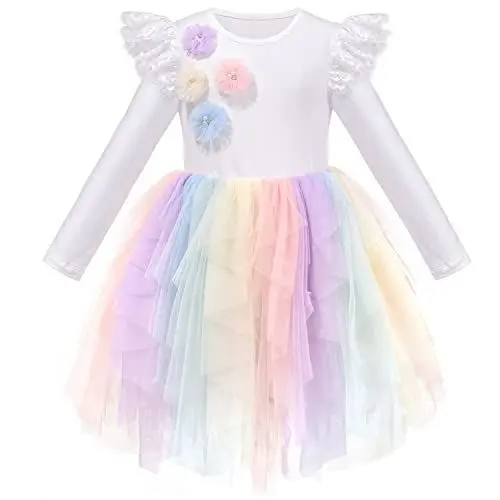 Produktbild: Mädchen Kleid Tüll Rock Regenbogenfarbe 3D Spitze Blume Fackel Langarm Gr. 110