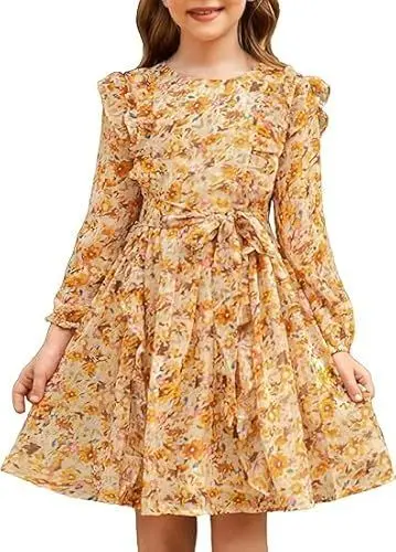 Produktbild: Mädchen Herbst Blumenkleid Kinder A-Linie Kleid Rundhals Langarm Kleid Reisfarbene-Gelbbraune Blume 6 Jahre
