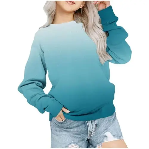 Produktbild: Mädchen Langarmshirts Kinder Tops Farbverlauf Kleidung Batik Sweatshirt Farbblock T-Shirt Bekleidung Oberteile Classic Basic Long Sleeve Top Baumwolle Langarm Pullover Angebote Hellblau, 11 Jahre