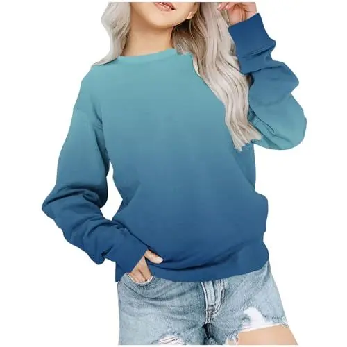 Produktbild: Angebote Mädchen Langarmshirts Kinder Tops Farbverlauf Kleidung Batik Sweatshirt Farbblock T-Shirt Bekleidung Oberteile Classic Long Sleeve Top Baumwolle Langarm Pullover Blau, 7-8 Jahre