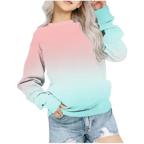 Produktbild: Mädchen Langarmshirts Kinder Tops Farbverlauf Kleidung Batik Sweatshirt Farbblock T-Shirt Bekleidung Oberteile Long Sleeve Top Baumwolle Langarm Pullover Himmelblau, 9 Jahre