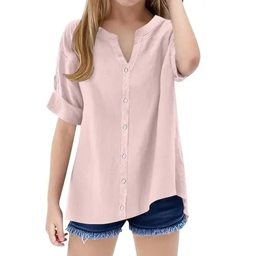 Produktbild: Mädchen Lockeres Hemd Stehkragen Einfarbig Hemd Top Shirt 1 Jahr (Pink, 5-6 Years)