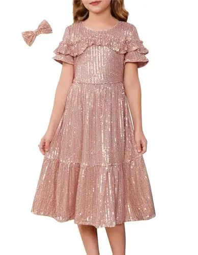 Produktbild: Mädchen Pailletten Kinderkleid A-Linie Festlich ballkleid Kurzarm süße Rüschen Prinzessinenkleid Hochzeit Blumenmädchen Roségold 8-10 Jahre