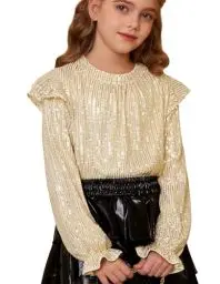 Produktbild: Mädchen Pailletten Tops Langarm Hip Hop Disco Tanzkleidung Pailletten Bluse Rollkragen Gold 8-10 Jahre