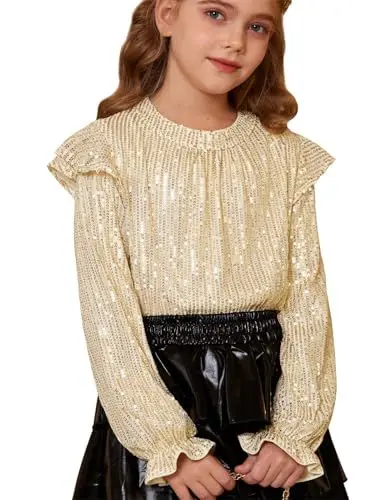 Produktbild: Mädchen Pailletten Tops Langarm Hip Hop Disco Tanzkleidung Pailletten Bluse Rollkragen Gold 8-10 Jahre