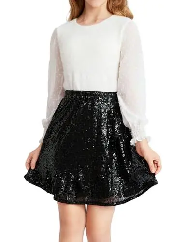 Produktbild: Paillettenrock für Mädchen Glitzernder Minirock mit Hoher Taille Party-Tutu Ausgefallene Röcke A-Linie Rüschenrock Komplett Gefüttert 10–12 Jahre Schwarz