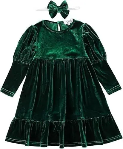Produktbild: Maacie Mädchen Samtkleid Rundhalsausschnitt Lange Ärmel A-Linie Kleid Girls Dress Dunkelgrün#Samtkleid 04Y