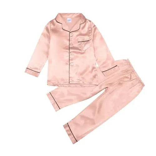 Produktbild: Mädchen Satin-Schlafanzug-Set Einfarbig Lange Seide Pyjama Set mit Knopfleiste und Revers Weiche Pyjamas Langarm Schlafanzugoberteile Hosen Hausanzug Pyjamas 2-teiliges Nachtwäsche Set 2-14 Jahre