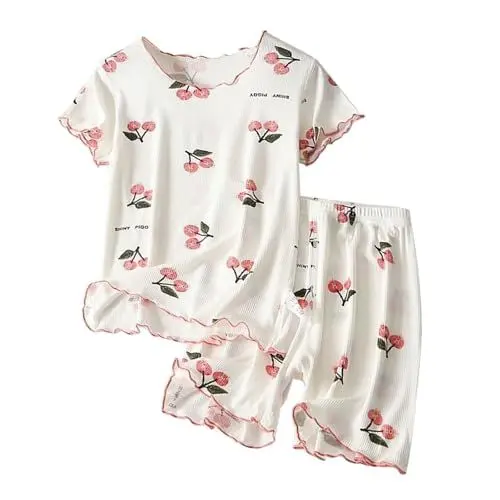 Produktbild: Mädchen Schlafanzug Pyjama Zweiteiliger Baumwoll Kurzarm Lässig Tshirt und Elastische Shorts Sommer Süße Blumendruck Gerippter Hauskleidung Kinder Atmungsaktiv Freizeit Leicht (White, 12-18 Months)