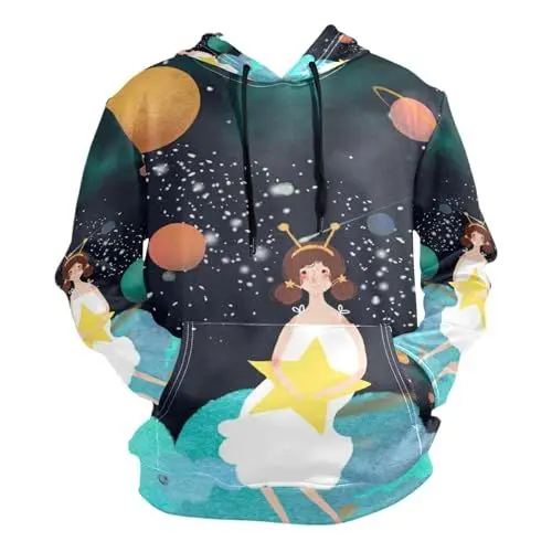 Produktbild: Mädchen Sternenhimmel Cartoon Raum Kapuzenpullis Kapuzenpullover Sport Sweatjacke Herren Hoodies für Mädchen Jungen Männer(Gesundheit Stoff)