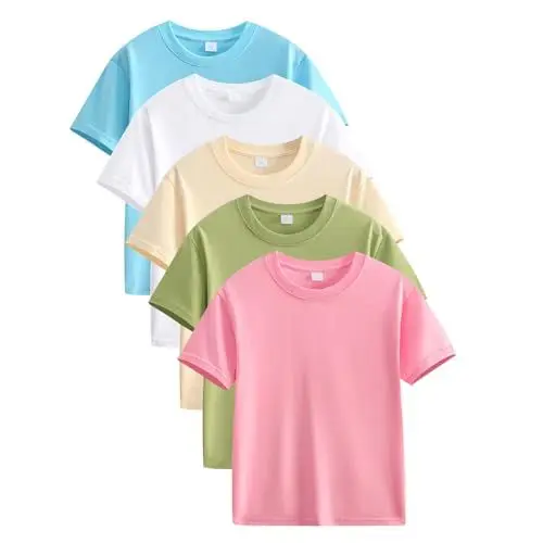 Produktbild: Mädchen T-Shirt Baumwolle Tops Einfarbig Bluse Casual Loose Kurzarm Shirt Klamotten Kinder Kleidung Sport Leichtgewicht Tshirt Jungen Sportshirt 5er-Pack Mehrfarbig, 9 Jahre