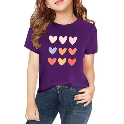 Produktbild: Mädchen T-Shirt Herzen Druck Baumwolle Kurzarm Farben Kinder Teenager Mädchen Rundhals Shirts Tops Basic Kurzarm Tshirt Rundhals Ärmel Top einfarbig Tee mit Oberteil (Purple-B, 3-4 Years)
