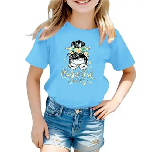 Produktbild: Mädchen T-Shirt mit süßem Druck Rundhalsausschnitt kurzärmlig bequem Sommer Top lässiges Kinderoberteil atmungsaktiv weich (BU1, 7-8 Years)