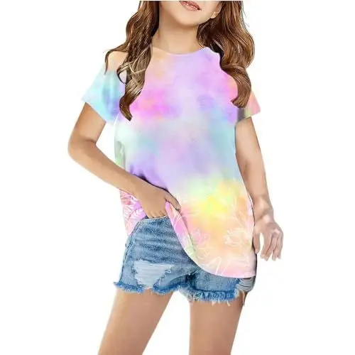 Produktbild: Mädchen Tie-Dye T-Shirt Batik Tops Sommer Bluse Tunika Schön Kurzarm Baumwolle Shirt Regular Kinder Klamotten Rundhals Sportshirt Sport Leichtgewicht Kleidung Mehrfarbig, 9 Jahre