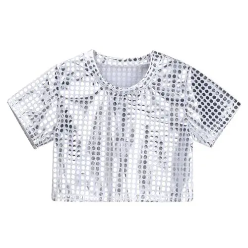 Produktbild: Mädchen Top Pailletten Glitzer Shirt Casual Party Karneval Kleid Kurzarm Kinder Mädchenkleidung Festliche Mode (Silver, 4-5 Years)