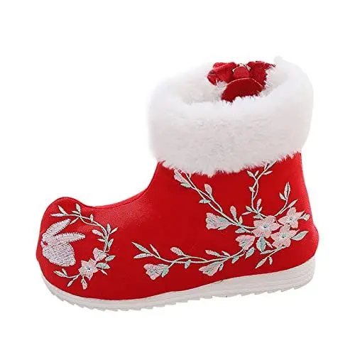 Produktbild: Mädchen Winterstiefel Warm Gefütterte Thermo Kinderschuhe Xloth Schuhe Wwarm Winter Schneestiefel Bestickte Bedruckte Schuhe Ethnische Art Schulstiefel Kinderschuhe mit Gummi (Red 35.5 Big Kids)